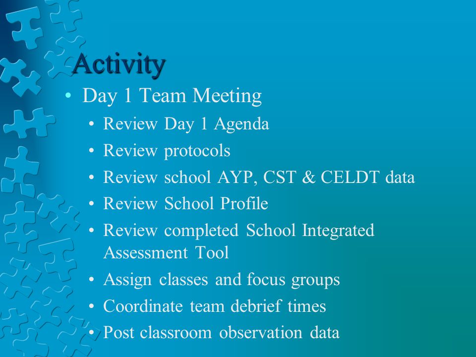 Activity Day 1 Team Meeting Review Day 1 Agenda Review protocols Review school AYP, CST & CELDT data Review School Profile Review completed School Integrated Assessment Tool Assign classes and focus groups Coordinate team debrief times Post classroom observation data