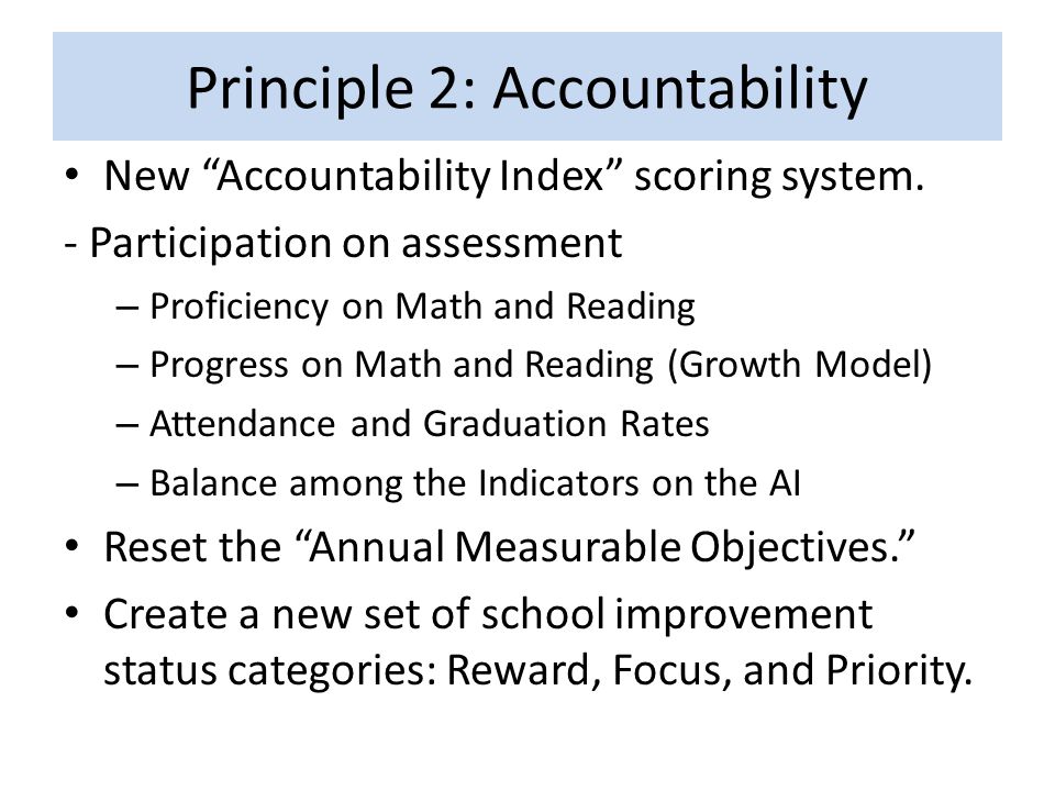 Principle 2: Accountability New Accountability Index scoring system.