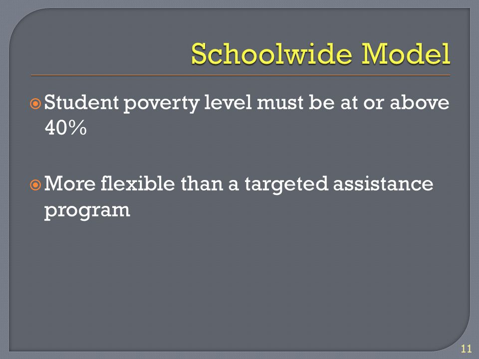  Student poverty level must be at or above 40%  More flexible than a targeted assistance program 11