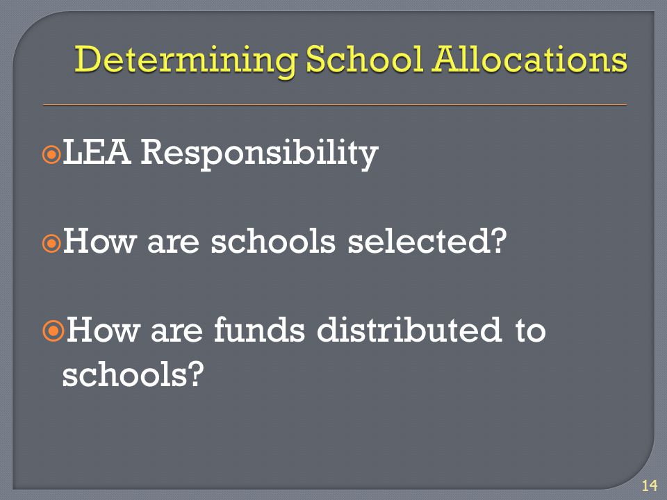  LEA Responsibility  How are schools selected  How are funds distributed to schools 14