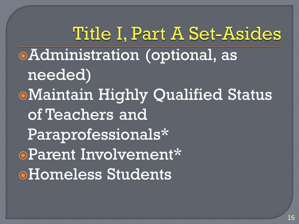  Administration (optional, as needed)  Maintain Highly Qualified Status of Teachers and Paraprofessionals*  Parent Involvement*  Homeless Students 16