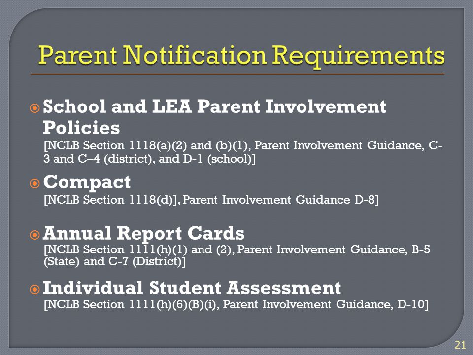  School and LEA Parent Involvement Policies [NCLB Section 1118(a)(2) and (b)(1), Parent Involvement Guidance, C- 3 and C–4 (district), and D-1 (school)]  Compact [NCLB Section 1118(d)], Parent Involvement Guidance D-8]  Annual Report Cards [NCLB Section 1111(h)(1) and (2), Parent Involvement Guidance, B-5 (State) and C-7 (District)]  Individual Student Assessment [NCLB Section 1111(h)(6)(B)(i), Parent Involvement Guidance, D-10] 21
