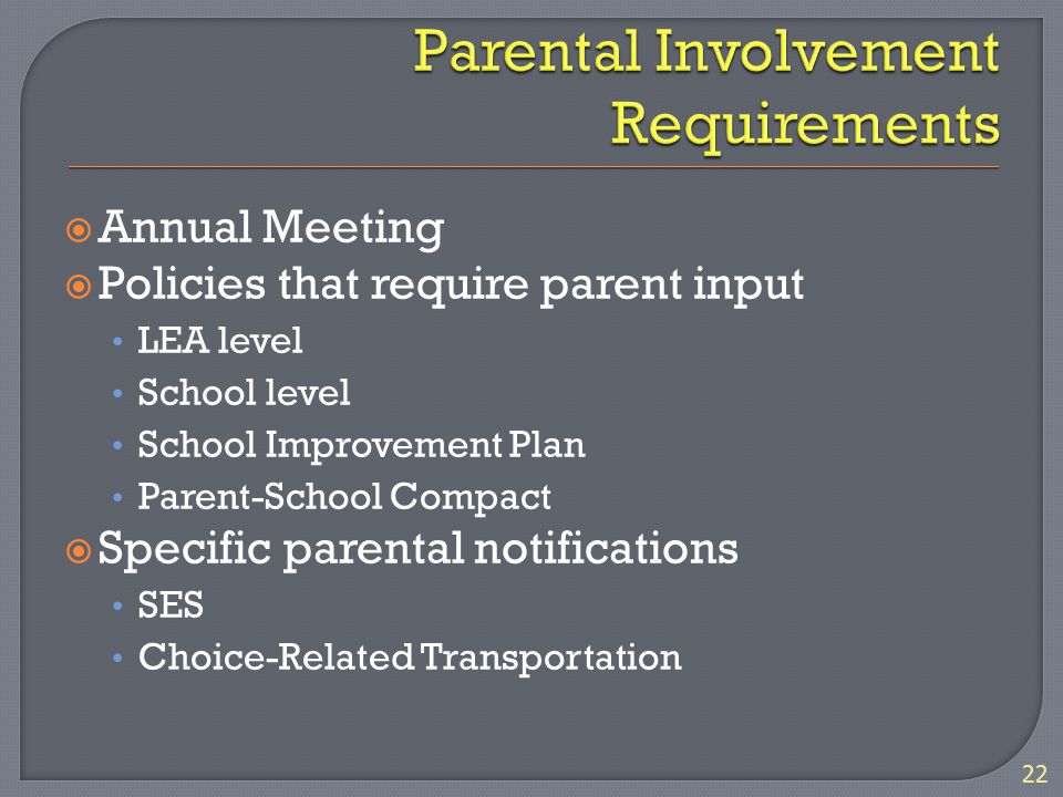  Annual Meeting  Policies that require parent input LEA level School level School Improvement Plan Parent-School Compact  Specific parental notifications SES Choice-Related Transportation 22