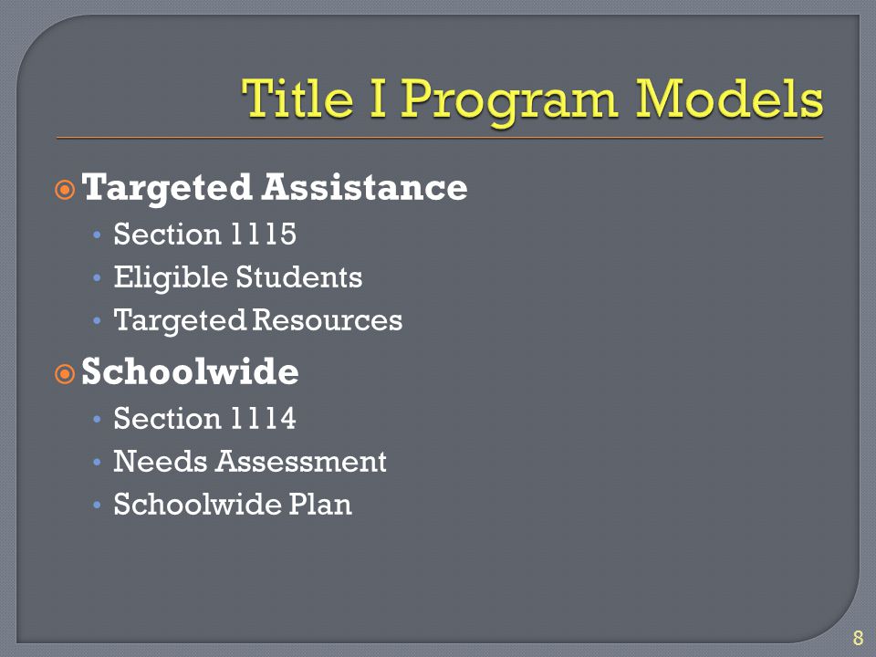  Targeted Assistance Section 1115 Eligible Students Targeted Resources  Schoolwide Section 1114 Needs Assessment Schoolwide Plan 8