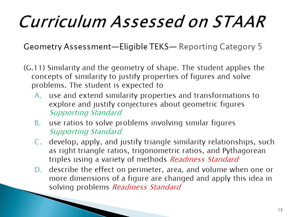 Geometry Assessment—Eligible TEKS— Reporting Category 5 (G.11) Similarity and the geometry of shape.