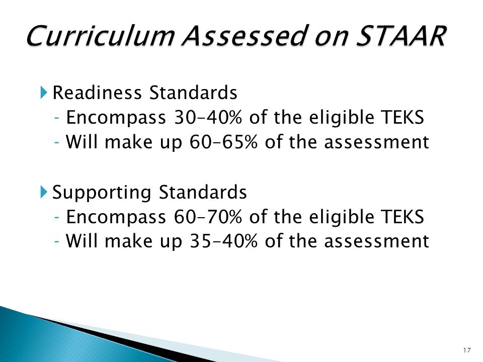  Readiness Standards ‐Encompass 30–40% of the eligible TEKS ‐Will make up 60–65% of the assessment  Supporting Standards ‐Encompass 60–70% of the eligible TEKS ‐Will make up 35–40% of the assessment 17