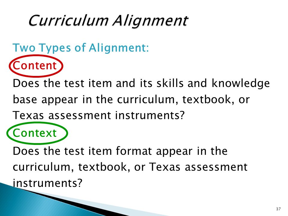 Two Types of Alignment: Content Does the test item and its skills and knowledge base appear in the curriculum, textbook, or Texas assessment instruments.