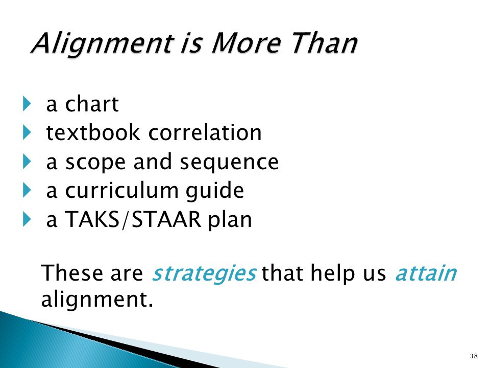  a chart  textbook correlation  a scope and sequence  a curriculum guide  a TAKS/STAAR plan These are strategies that help us attain alignment.