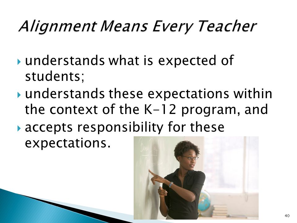  understands what is expected of students;  understands these expectations within the context of the K-12 program, and  accepts responsibility for these expectations.