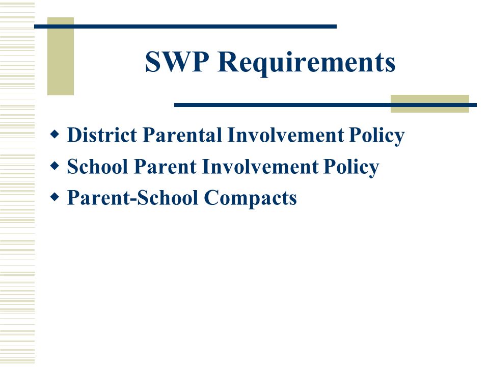 SWP Requirements  District Parental Involvement Policy  School Parent Involvement Policy  Parent-School Compacts