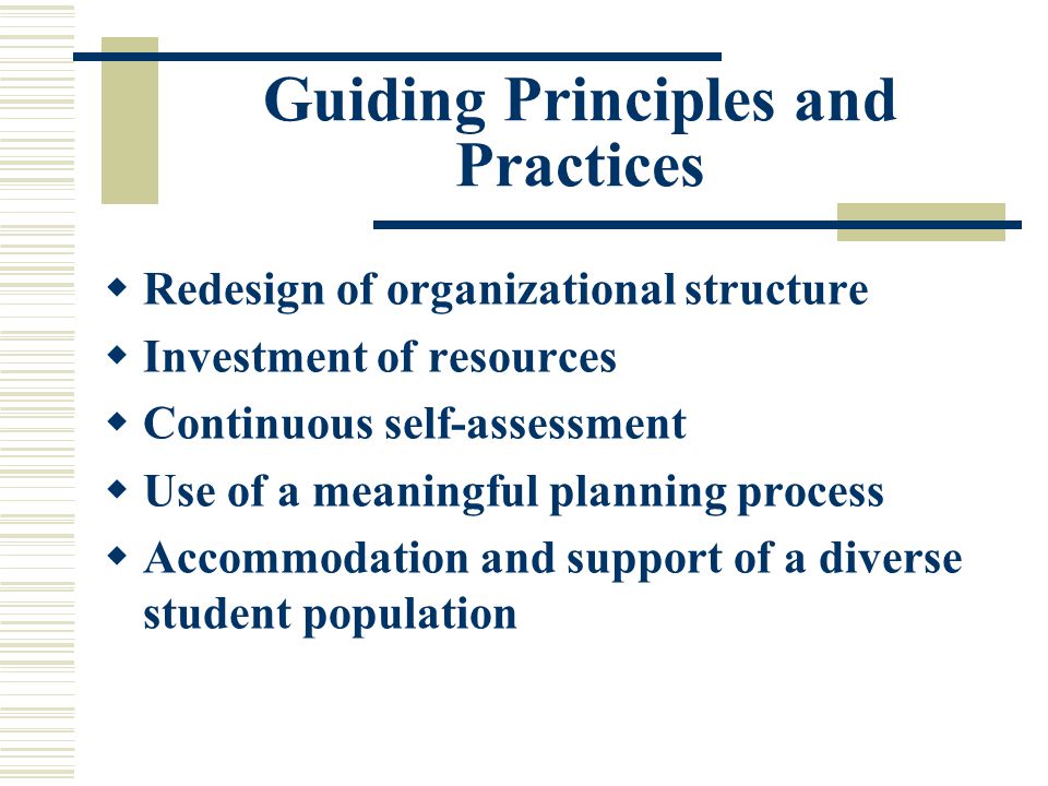 Guiding Principles and Practices  Redesign of organizational structure  Investment of resources  Continuous self-assessment  Use of a meaningful planning process  Accommodation and support of a diverse student population