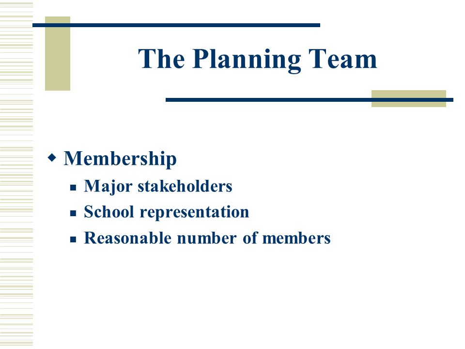 The Planning Team  Membership Major stakeholders School representation Reasonable number of members