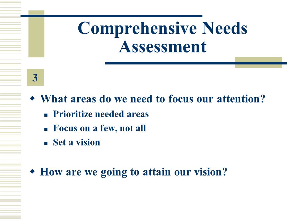 Comprehensive Needs Assessment  What areas do we need to focus our attention.