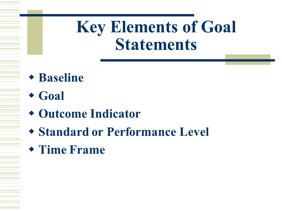 Key Elements of Goal Statements  Baseline  Goal  Outcome Indicator  Standard or Performance Level  Time Frame