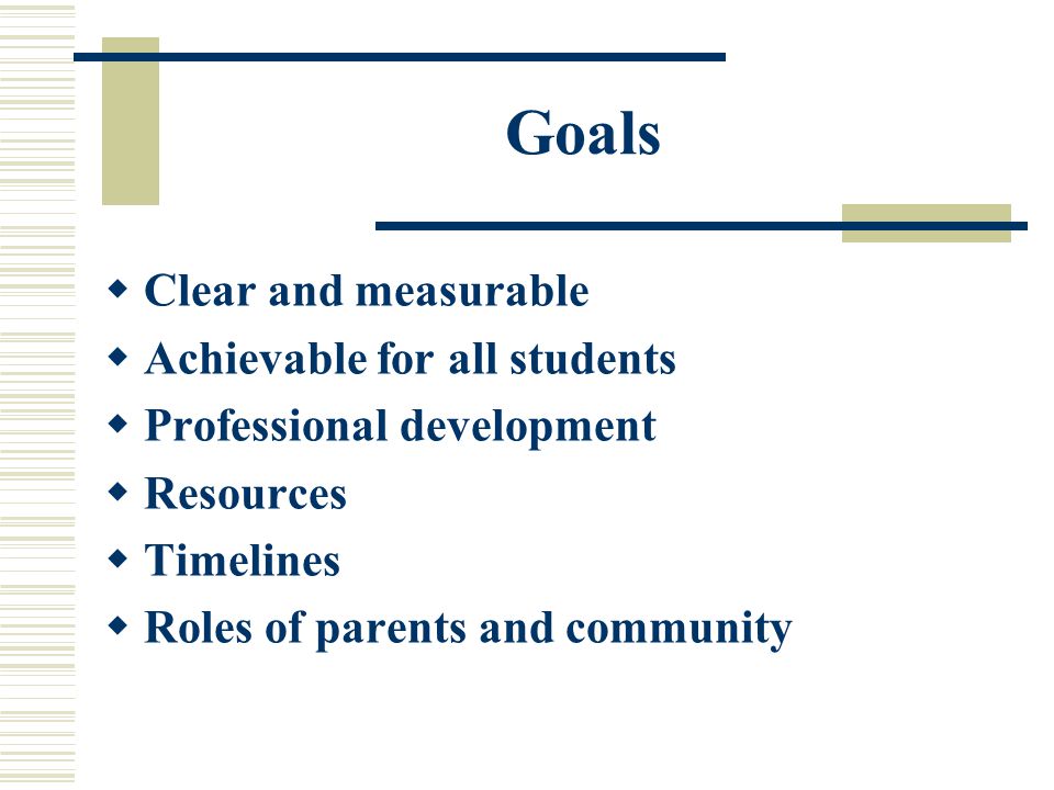 Goals  Clear and measurable  Achievable for all students  Professional development  Resources  Timelines  Roles of parents and community