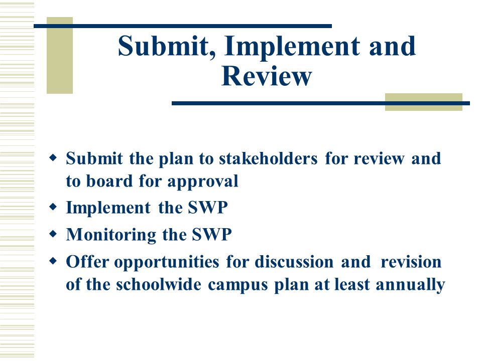 Submit, Implement and Review  Submit the plan to stakeholders for review and to board for approval  Implement the SWP  Monitoring the SWP  Offer opportunities for discussion and revision of the schoolwide campus plan at least annually