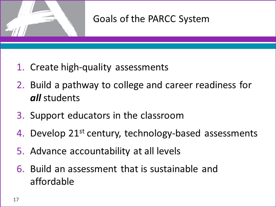 1.Create high-quality assessments 2.Build a pathway to college and career readiness for all students 3.Support educators in the classroom 4.Develop 21 st century, technology-based assessments 5.Advance accountability at all levels 6.Build an assessment that is sustainable and affordable Goals of the PARCC System 17