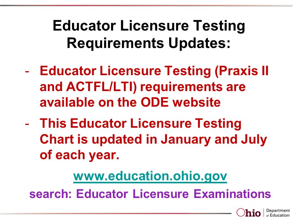 Educator Licensure Testing Requirements Updates: -Educator Licensure Testing (Praxis II and ACTFL/LTI) requirements are available on the ODE website -This Educator Licensure Testing Chart is updated in January and July of each year.
