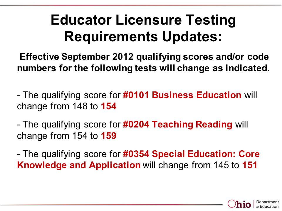 Educator Licensure Testing Requirements Updates: Effective September 2012 qualifying scores and/or code numbers for the following tests will change as indicated.