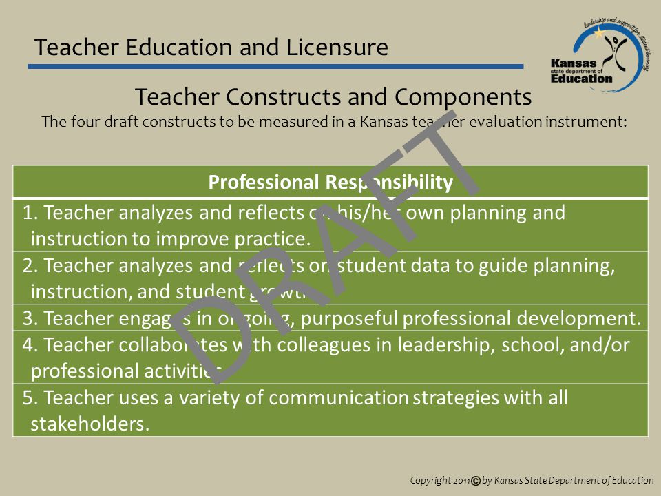 Teacher Education and Licensure Teacher Constructs and Components The four draft constructs to be measured in a Kansas teacher evaluation instrument: Professional Responsibility 1.