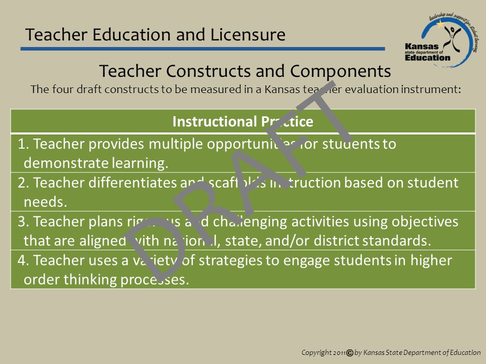 Teacher Education and Licensure Teacher Constructs and Components The four draft constructs to be measured in a Kansas teacher evaluation instrument: Instructional Practice 1.