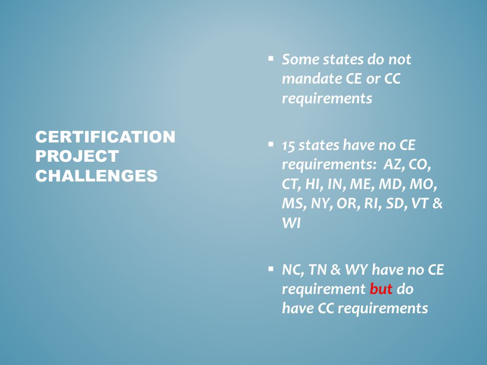  Some states do not mandate CE or CC requirements  15 states have no CE requirements: AZ, CO, CT, HI, IN, ME, MD, MO, MS, NY, OR, RI, SD, VT & WI  NC, TN & WY have no CE requirement but do have CC requirements CERTIFICATION PROJECT CHALLENGES