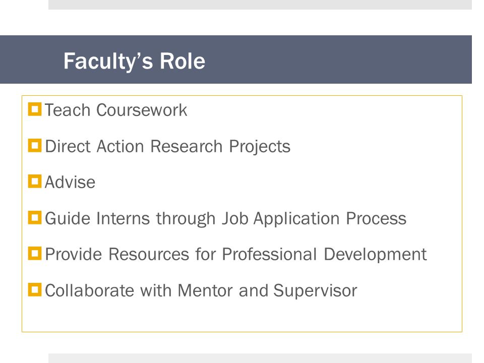 Faculty’s Role  Teach Coursework  Direct Action Research Projects  Advise  Guide Interns through Job Application Process  Provide Resources for Professional Development  Collaborate with Mentor and Supervisor