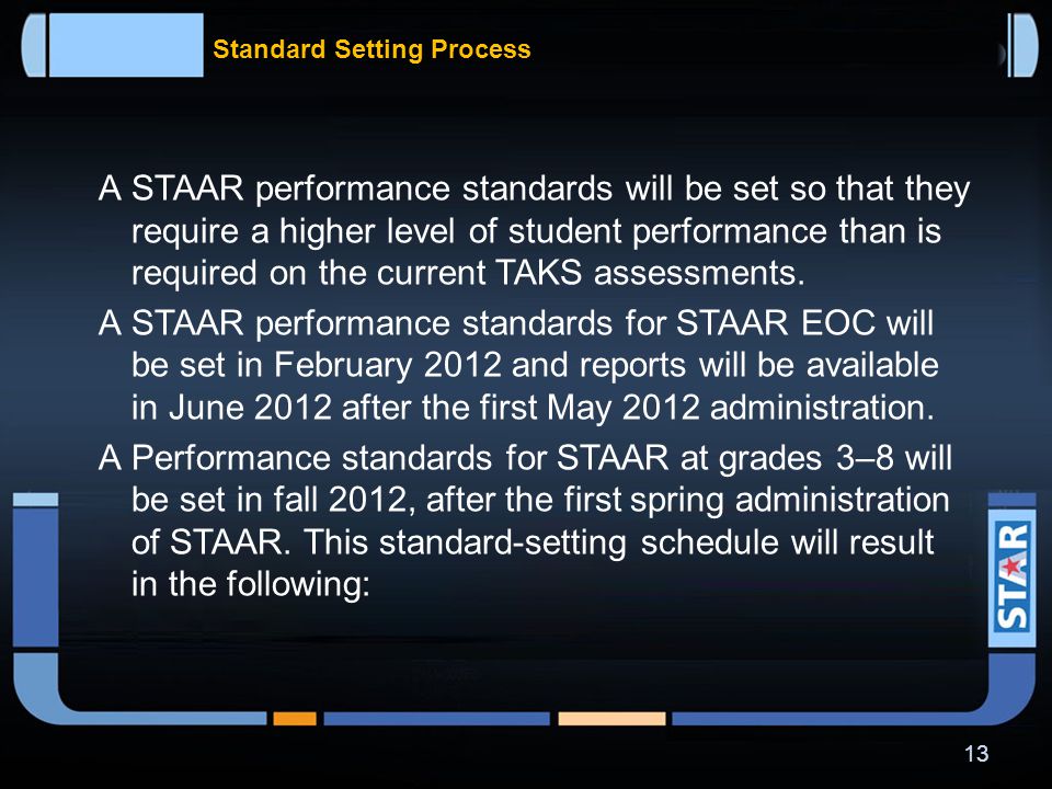  Student’s score on assessment must be worth 15% of student’s final grade for that course  School district is not required to use student’s score on subsequent administrations to determine student’s final grade for that course 12 STAAR End-of-Course High School Assessments
