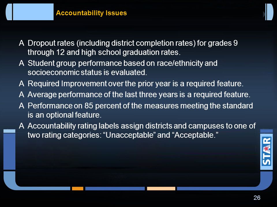 Accountability Issues The new accountability rating system will include the following indicators and other features.