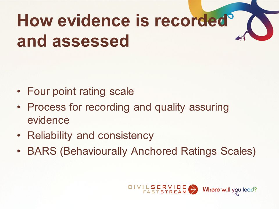 How evidence is recorded and assessed Four point rating scale Process for recording and quality assuring evidence Reliability and consistency BARS (Behaviourally Anchored Ratings Scales)