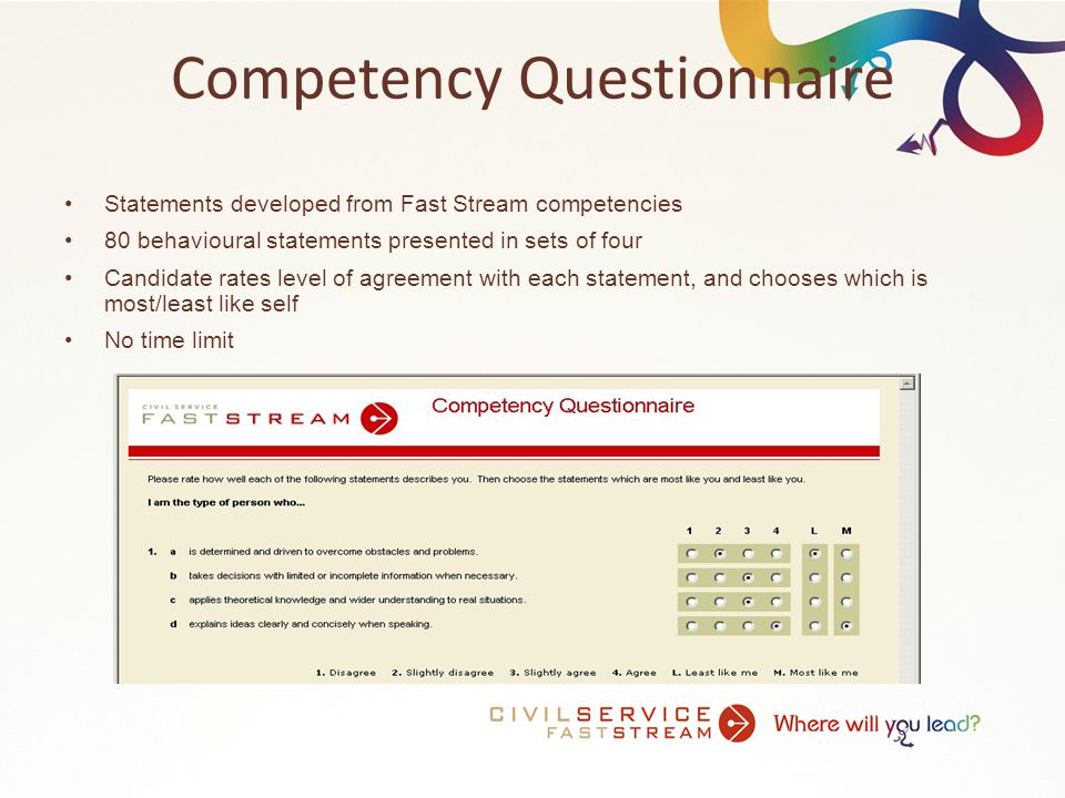 Competency Questionnaire Statements developed from Fast Stream competencies 80 behavioural statements presented in sets of four Candidate rates level of agreement with each statement, and chooses which is most/least like self No time limit