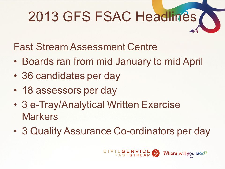 2013 GFS FSAC Headlines Fast Stream Assessment Centre Boards ran from mid January to mid April 36 candidates per day 18 assessors per day 3 e-Tray/Analytical Written Exercise Markers 3 Quality Assurance Co-ordinators per day
