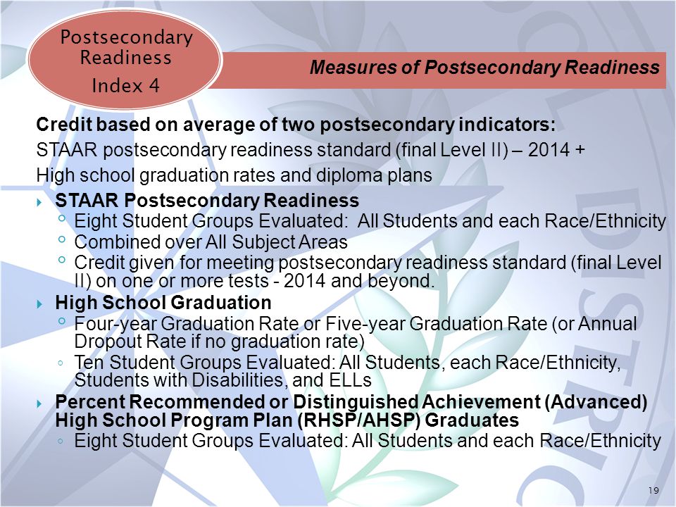 19 Credit based on average of two postsecondary indicators: STAAR postsecondary readiness standard (final Level II) – High school graduation rates and diploma plans  STAAR Postsecondary Readiness ◦ Eight Student Groups Evaluated: All Students and each Race/Ethnicity ◦ Combined over All Subject Areas ◦ Credit given for meeting postsecondary readiness standard (final Level II) on one or more tests and beyond.