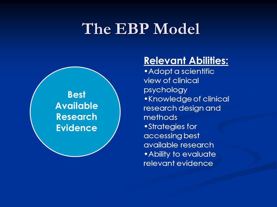 The EBP Model Best Available Research Evidence Relevant Abilities: Adopt a scientific view of clinical psychology Knowledge of clinical research design and methods Strategies for accessing best available research Ability to evaluate relevant evidence