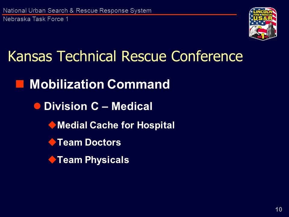 10 National Urban Search & Rescue Response System Nebraska Task Force 1 Kansas Technical Rescue Conference Mobilization Command Division C – Medical  Medial Cache for Hospital  Team Doctors  Team Physicals