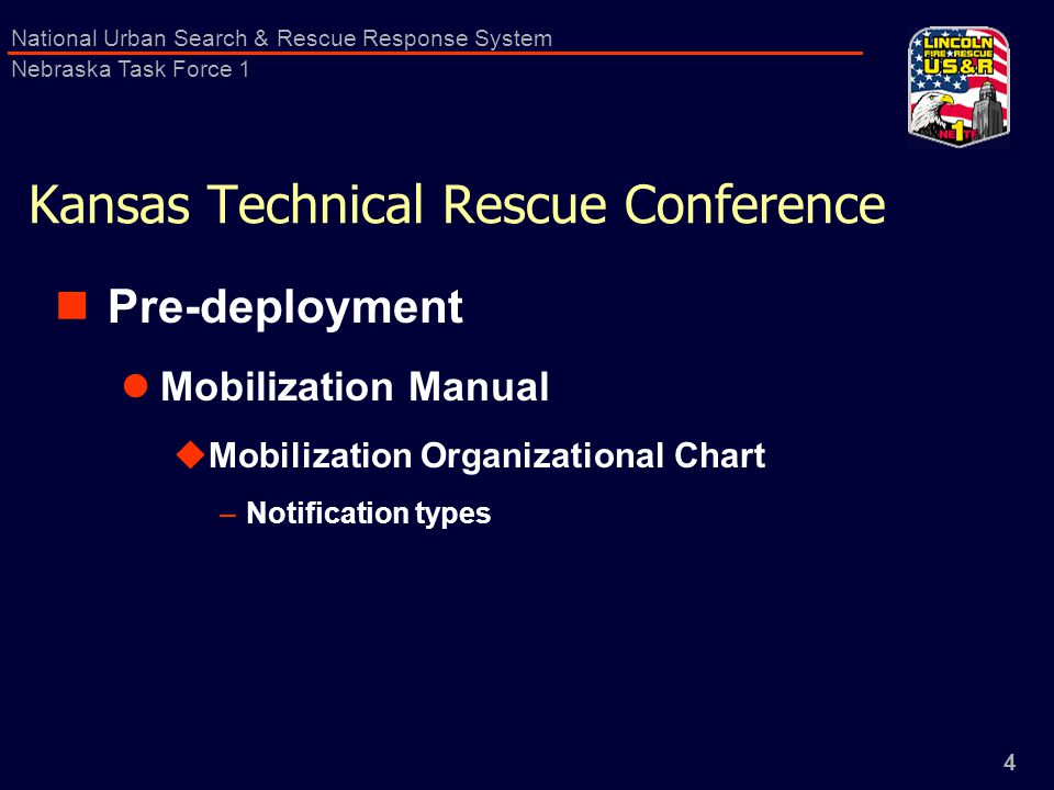 4 National Urban Search & Rescue Response System Nebraska Task Force 1 Kansas Technical Rescue Conference Pre-deployment Mobilization Manual  Mobilization Organizational Chart –Notification types
