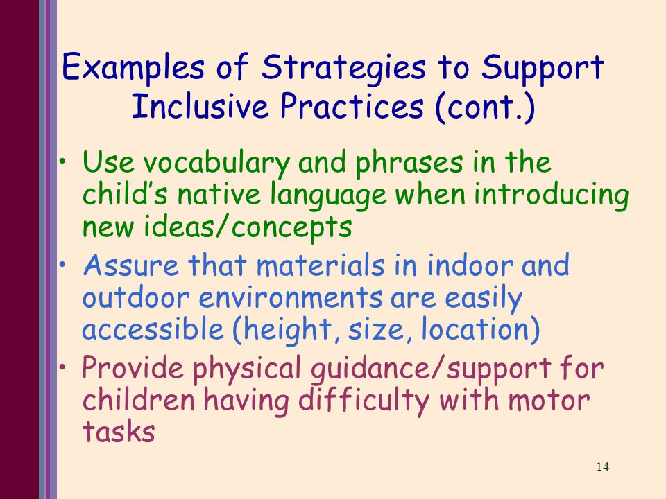 14 Examples of Strategies to Support Inclusive Practices (cont.) Use vocabulary and phrases in the child’s native language when introducing new ideas/concepts Assure that materials in indoor and outdoor environments are easily accessible (height, size, location) Provide physical guidance/support for children having difficulty with motor tasks