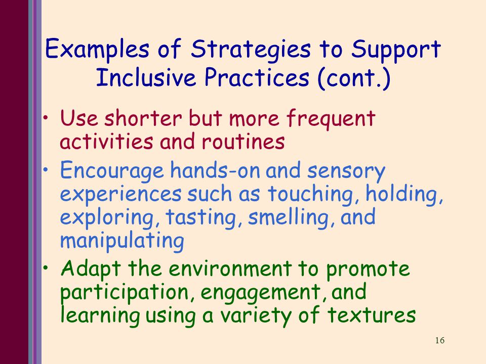16 Examples of Strategies to Support Inclusive Practices (cont.) Use shorter but more frequent activities and routines Encourage hands-on and sensory experiences such as touching, holding, exploring, tasting, smelling, and manipulating Adapt the environment to promote participation, engagement, and learning using a variety of textures