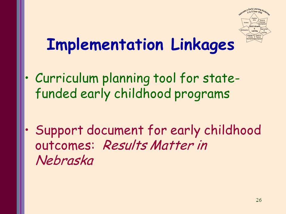 26 Implementation Linkages Curriculum planning tool for state- funded early childhood programs Support document for early childhood outcomes: Results Matter in Nebraska