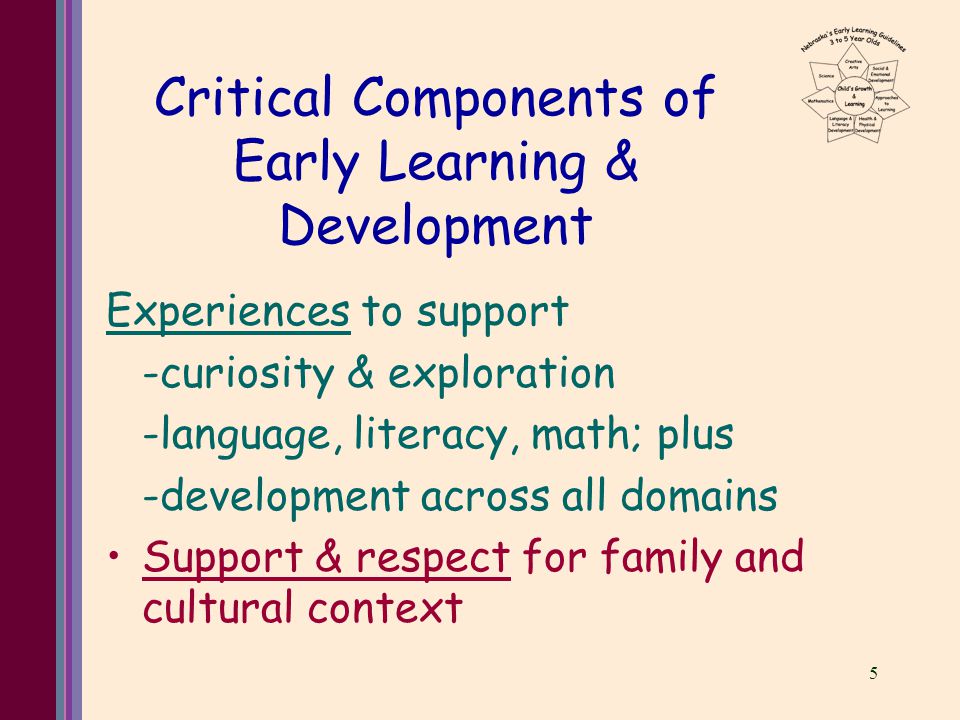 5 Critical Components of Early Learning & Development Experiences to support -curiosity & exploration -language, literacy, math; plus -development across all domains Support & respect for family and cultural context