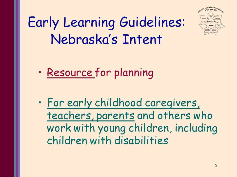 6 Early Learning Guidelines: Nebraska’s Intent Resource for planning For early childhood caregivers, teachers, parents and others who work with young children, including children with disabilities