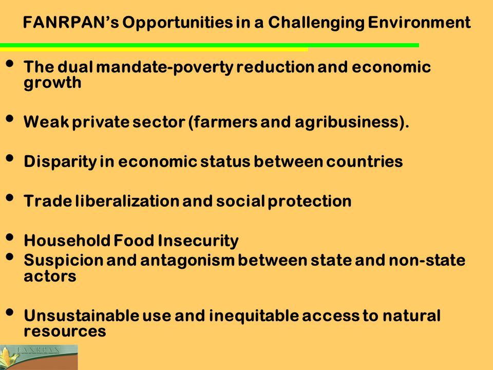 FANRPAN’s Opportunities in a Challenging Environment The dual mandate-poverty reduction and economic growth Weak private sector (farmers and agribusiness).