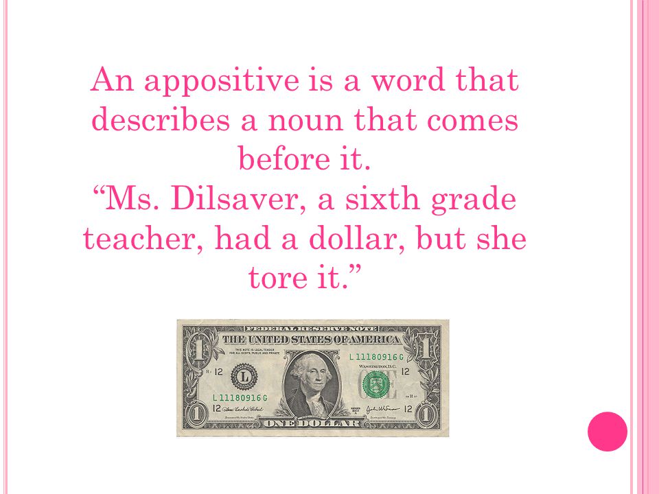 An appositive is a word that describes a noun that comes before it.