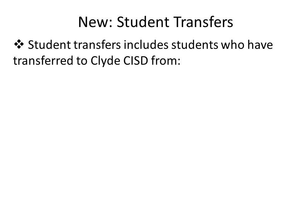 New: Student Transfers  Student transfers includes students who have transferred to Clyde CISD from: