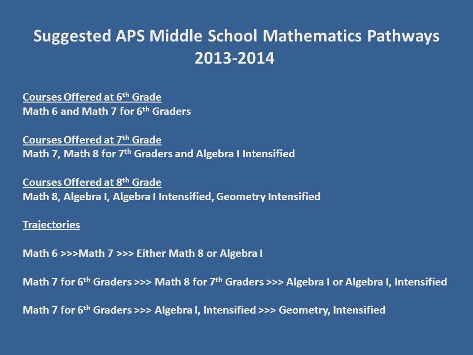 Courses Offered at 6 th Grade Math 6 and Math 7 for 6 th Graders Courses Offered at 7 th Grade Math 7, Math 8 for 7 th Graders and Algebra I Intensified Courses Offered at 8 th Grade Math 8, Algebra I, Algebra I Intensified, Geometry Intensified Trajectories Math 6 >>>Math 7 >>> Either Math 8 or Algebra I Math 7 for 6 th Graders >>> Math 8 for 7 th Graders >>> Algebra I or Algebra I, Intensified Math 7 for 6 th Graders >>> Algebra I, Intensified >>> Geometry, Intensified Suggested APS Middle School Mathematics Pathways