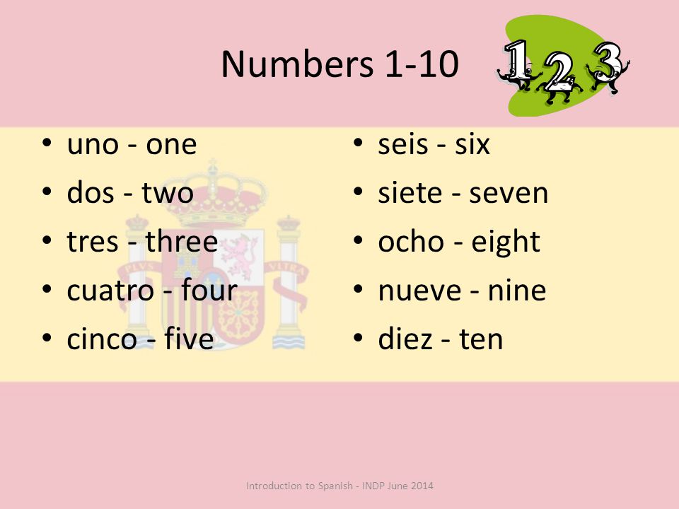Numbers 1-10 uno - one dos - two tres - three cuatro - four cinco - five seis - six siete - seven ocho - eight nueve - nine diez - ten Introduction to Spanish - INDP June 2014
