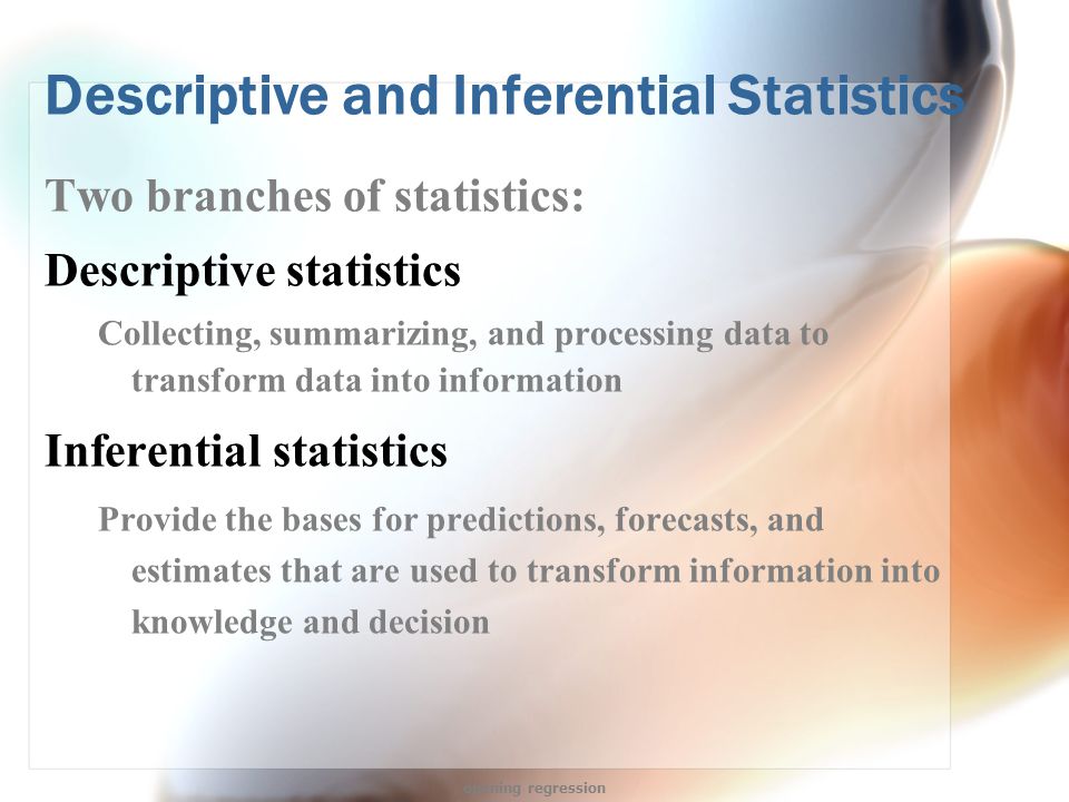 descriptive inferential statistics Both descriptive and inferential statistics are used to analyze number data they differ in terms of employed statistical measures, sample origin and tested theory. descriptive inferential statistics Both descriptive and inferential statistics are used to analyze number data they differ in terms of employed statistical measures, sample origin and tested theory.