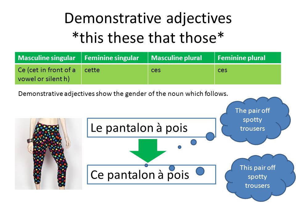 Demonstrative adjectives *this these that those* Masculine singularFeminine singularMasculine pluralFeminine plural Ce (cet in front of a vowel or silent h) cetteces Demonstrative adjectives show the gender of the noun which follows.
