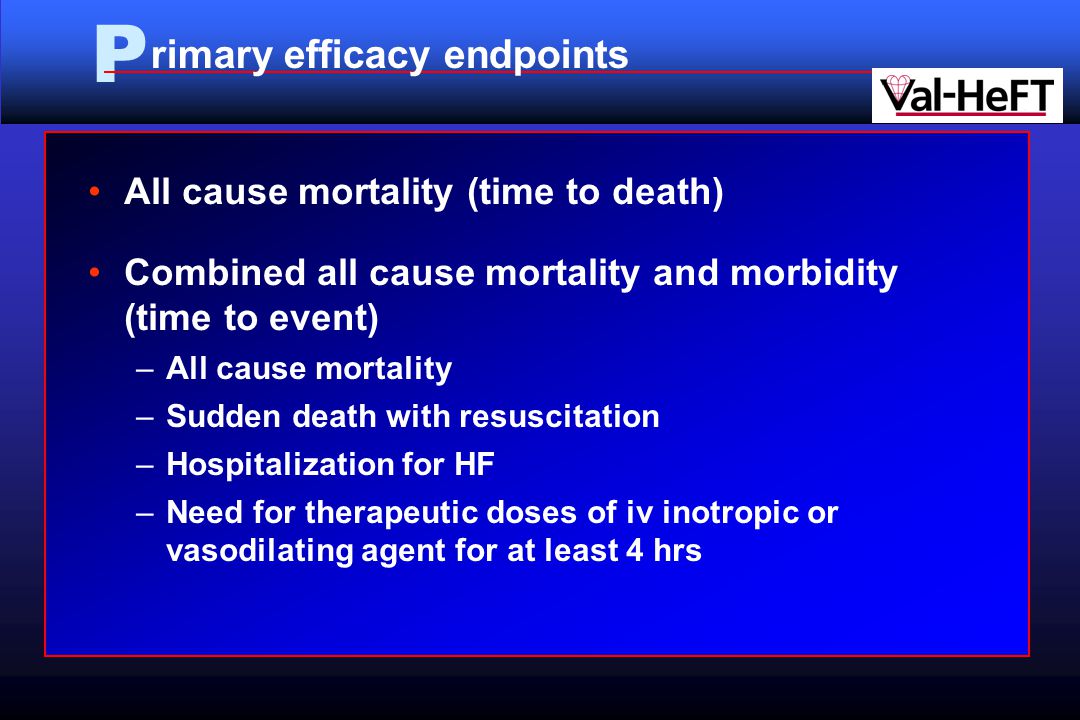 P rimary efficacy endpoints All cause mortality (time to death) Combined all cause mortality and morbidity (time to event) –All cause mortality –Sudden death with resuscitation –Hospitalization for HF –Need for therapeutic doses of iv inotropic or vasodilating agent for at least 4 hrs