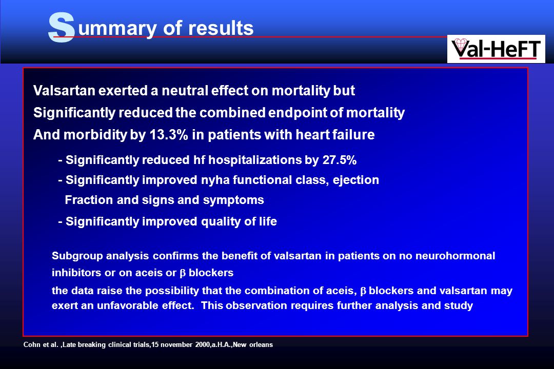 S Cohn et al.,Late breaking clinical trials,15 november 2000,a.H.A.,New orleans ummary of results Valsartan exerted a neutral effect on mortality but Significantly reduced the combined endpoint of mortality And morbidity by 13.3% in patients with heart failure - Significantly reduced hf hospitalizations by 27.5% - Significantly improved nyha functional class, ejection Fraction and signs and symptoms - Significantly improved quality of life Subgroup analysis confirms the benefit of valsartan in patients on no neurohormonal inhibitors or on aceis or  blockers the data raise the possibility that the combination of aceis,  blockers and valsartan may exert an unfavorable effect.
